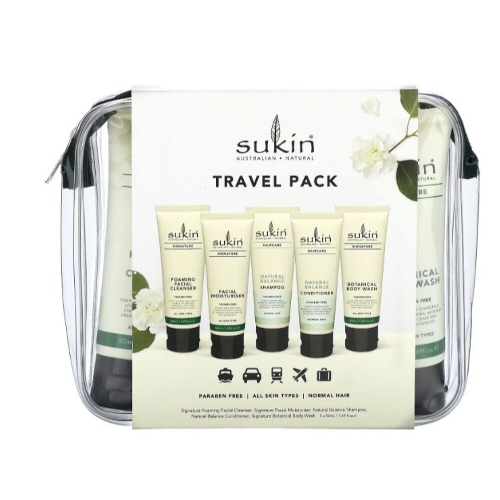 Sukin Travel Pack 5 Piece Set Foaming Cleanser Moisturiser Shampoo Body Wash